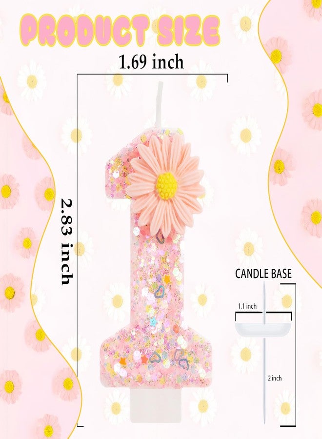 ElekFX Pink Daisy Flower Number 1 Candle with Tray - Fairy First Birthday Decorations for Girls, 2.76 Inch Glitter Cake Topper for Princess & Garden Parties - Image 2